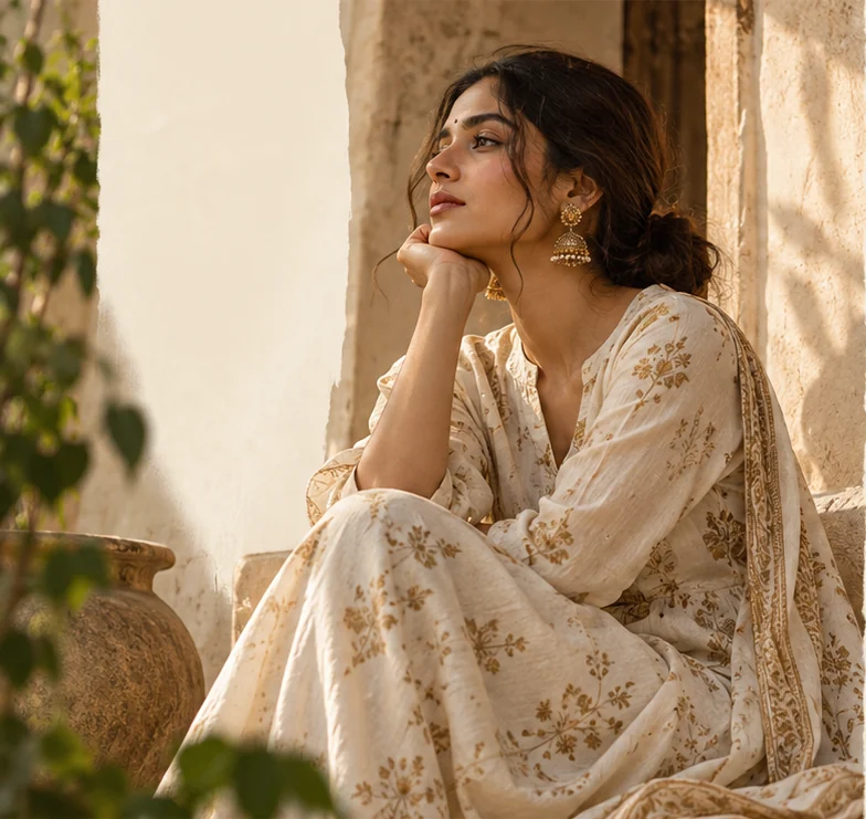 A woman in an ivory kurta set with gold floral print, seated by a sunlit wall