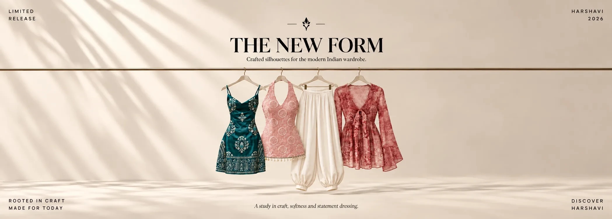 The New Form. Four Harshavi pieces on a rail — a teal embroidered slip dress, a pink halter top, ivory wide-leg trousers and a red printed wrap top. Rooted in craft, made for today.
