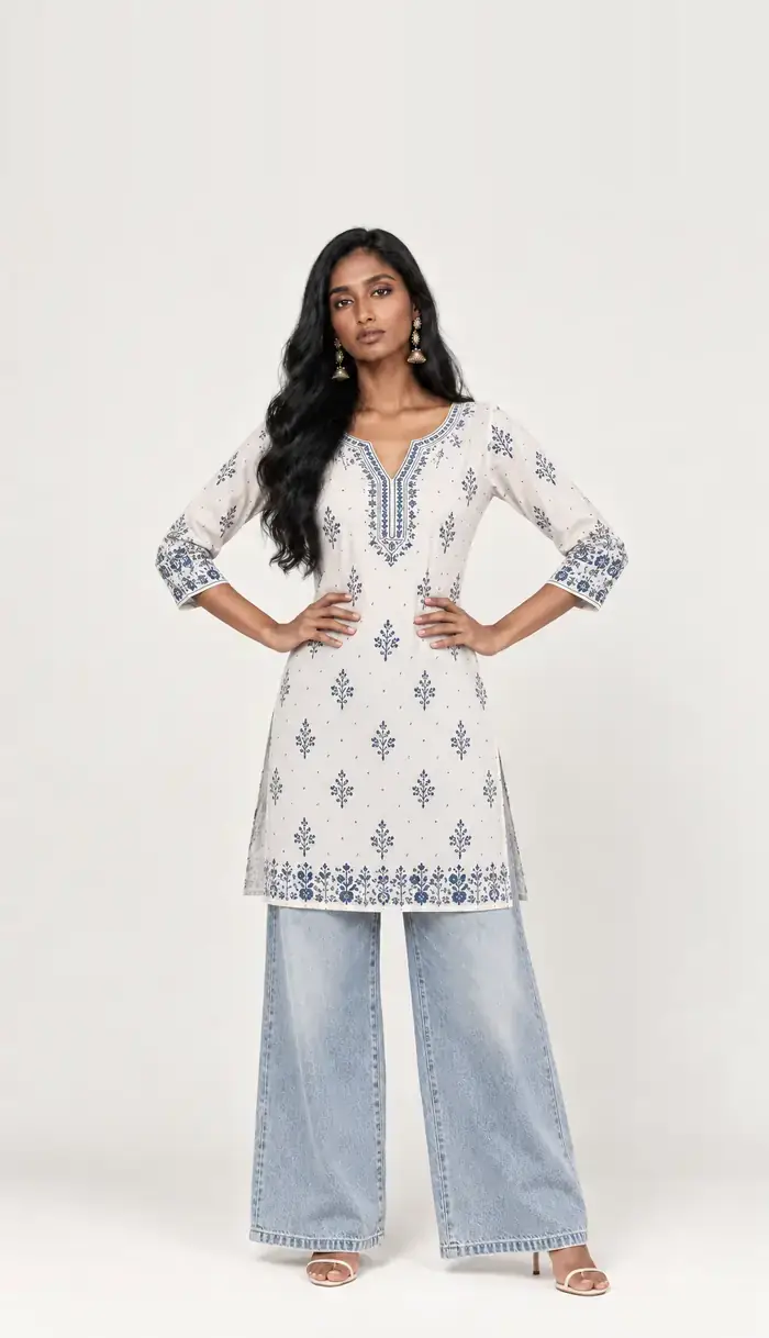 Ivory block-print kurti with indigo floral motifs, worn with wide-leg denim